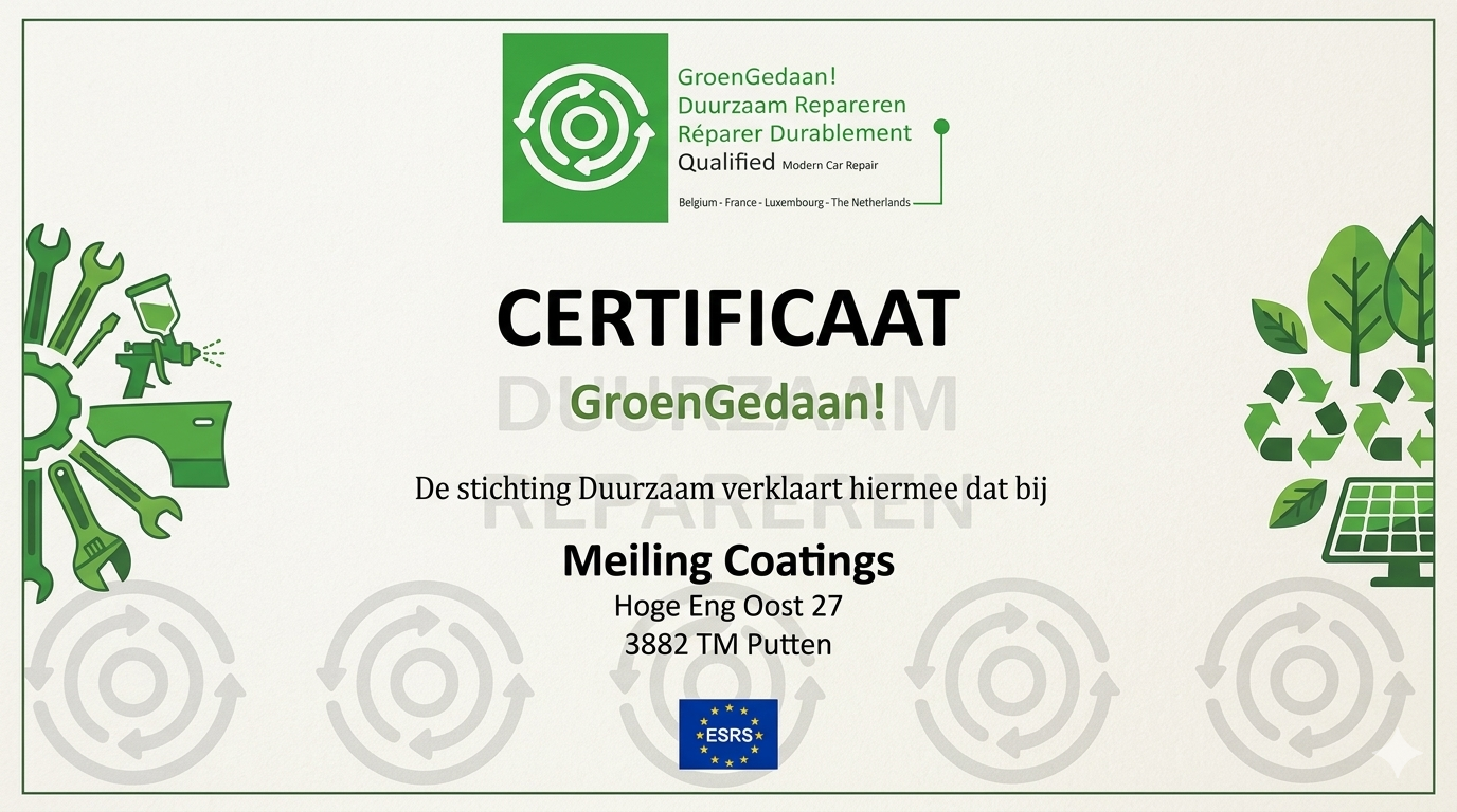 Certificaat GroenGedaand! van Stichting Duurzaam Repareren, uitgereikt aan Meiling Coatings te Putten voor duurzaam herstel en maatschappelijk verantwoord ondernemen.